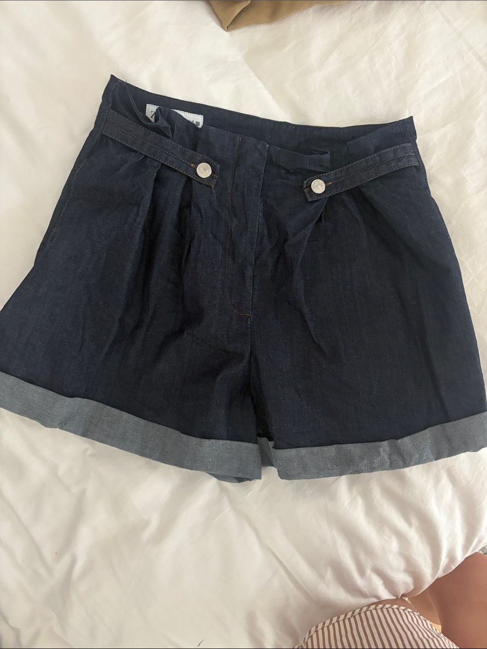 Zara Dark Indigo Denim Cuffed Jean Shorts with Button Tab